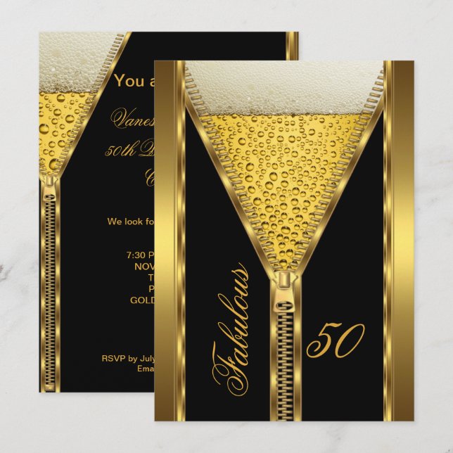 Invitation Fabuleux 50 Elégant Zipper Gold Beer Drink 2 (Devant / Derrière)
