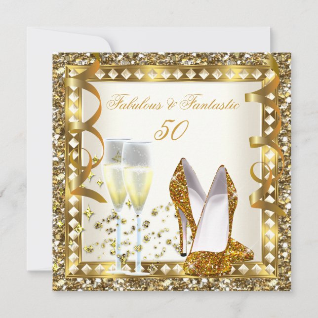 Invitation Fabuleux 50 & Fantastic Crème Gold Glam Anniversai (Devant)