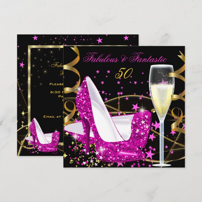 Invitation Fabuleux 50 Fantastic Rose Hi Heels Gold Party (Devant / Derrière)