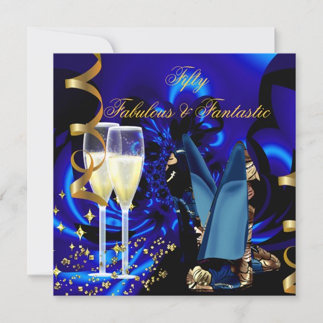 Invitation Fabuleux 50 Fantastique Abstrait Blue Gold Anniver (Devant)