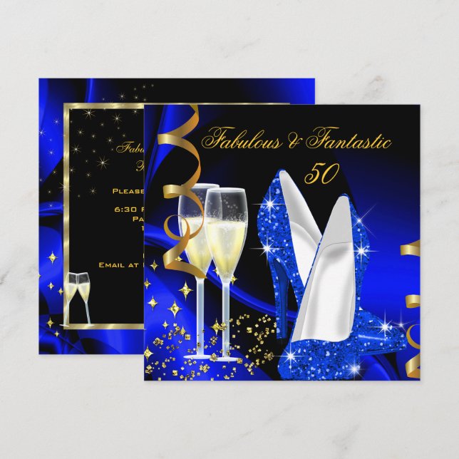 Invitation Fabuleux 50 Fantastique Abstrait Blue Gold Party (Devant / Derrière)