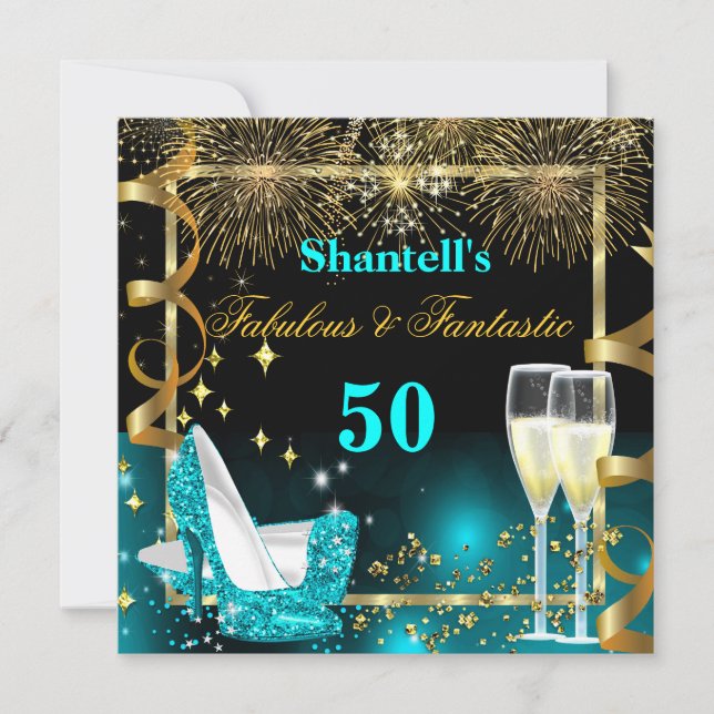 Invitation Fabuleux 50 Fantastique Festive Turquoise Gold Par (Devant)