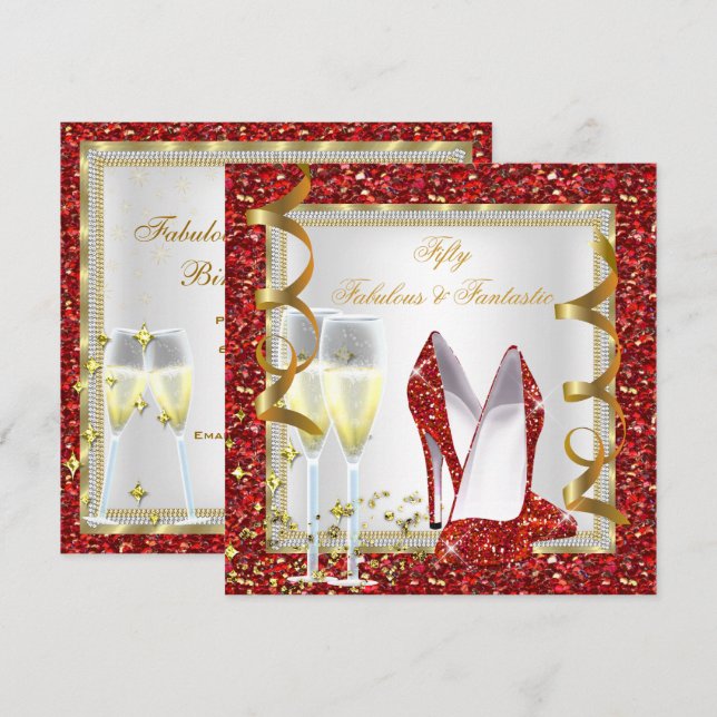 Invitation Fabuleux 50 Fantastique Rouge Blanc Or Anniversair (Devant / Derrière)