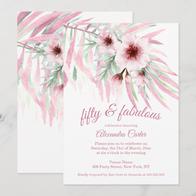 Invitation Fabuleux 50 Fleurs roses Vert Aquarelle blanche (Devant / Derrière)