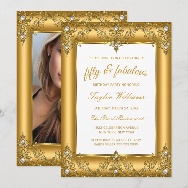 Invitation Fabuleux 50 Glamor Pearl Gold Photo party (Devant / Derrière)