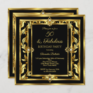 Invitation Fabuleux 50 Gold Black Damask fête d'anniversaire