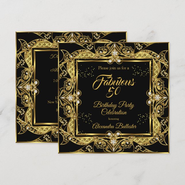 Invitation Fabuleux 50 Gold Jewel Black Anniversaire (Devant / Derrière)