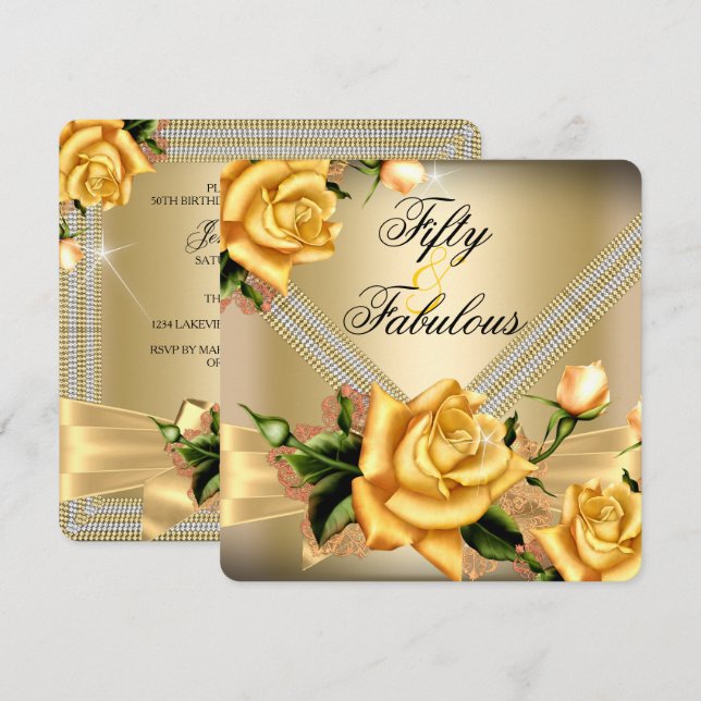 Invitation Fabuleux 50 Gold Rose Floral fête d'anniversaire (Devant / Derrière)