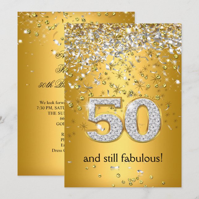 Invitation Fabuleux 50 Gold Silver Streamers 50e anniversaire (Devant / Derrière)