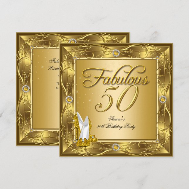 Invitation Fabuleux 50 Gold talons haut Anniversaire (Devant / Derrière)
