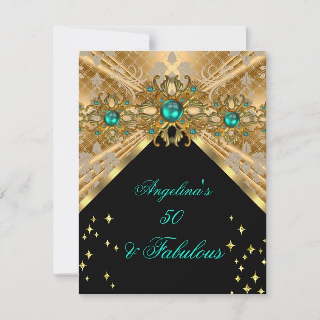 Invitation Fabuleux 50 Jade Green Gold Damask fête d'annivers (Devant)