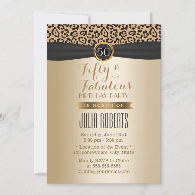 Invitation Fabuleux 50 Leopard Moden de luxe noir & or (Devant)