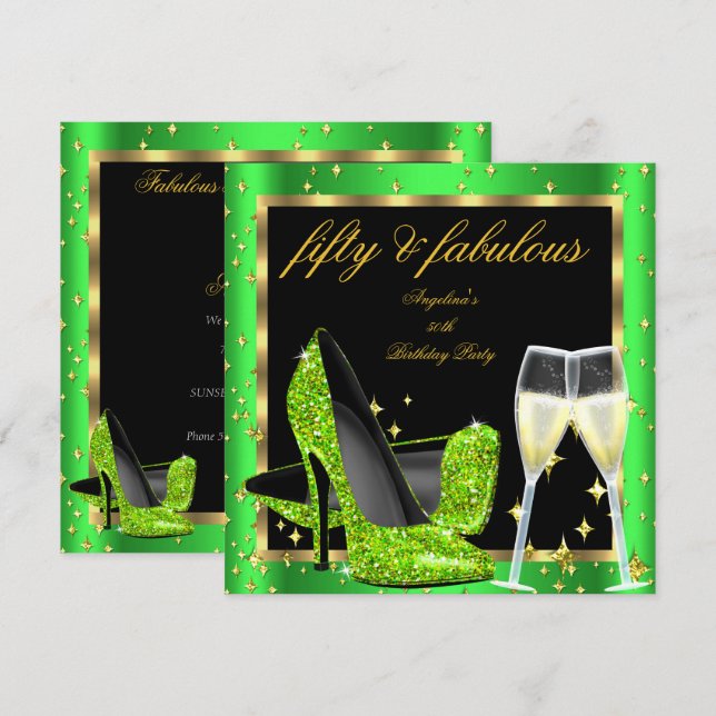 Invitation Fabuleux 50 Lime Green Champagne Heels Anniversair (Devant / Derrière)