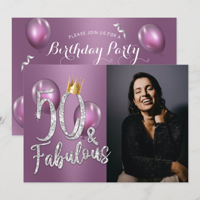 Invitation Fabuleux 50 moderne violet fille photo 50e anniver (Devant / Derrière)