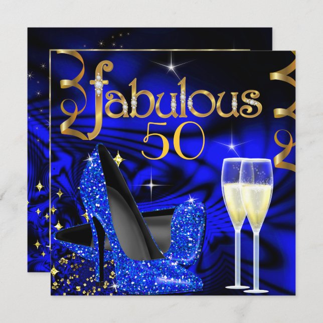 Invitation Fabuleux 50 Partie Abstrait Blue High Heels Gold (Devant / Derrière)