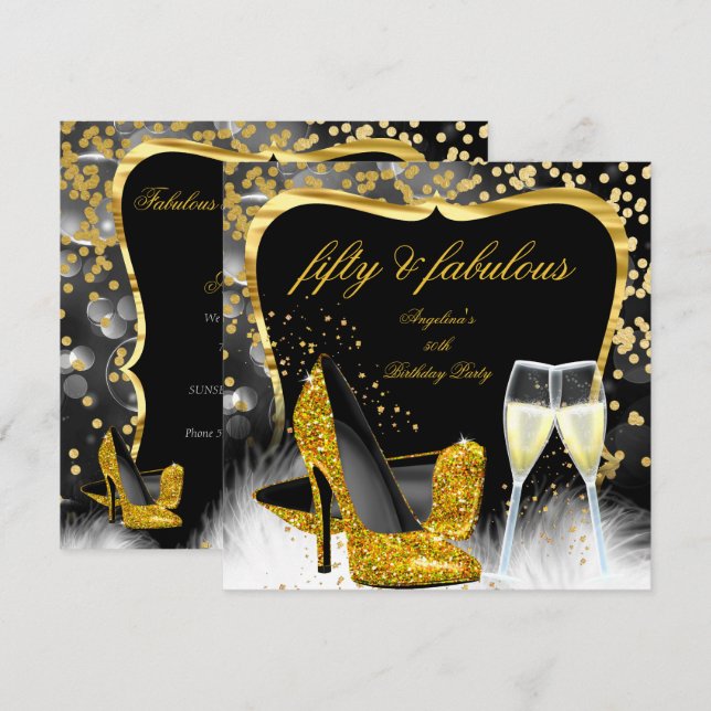 Invitation Fabuleux 50 Partie Black Gold Champagne High Heel (Devant / Derrière)