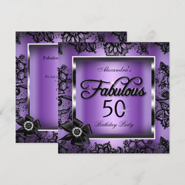 Invitation Fabuleux 50 Party Purple Damask Black Lace Pearl (Devant / Derrière)