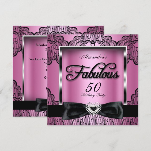 Invitation Fabuleux 50 Party Rose Damask Black Lace (Devant / Derrière)