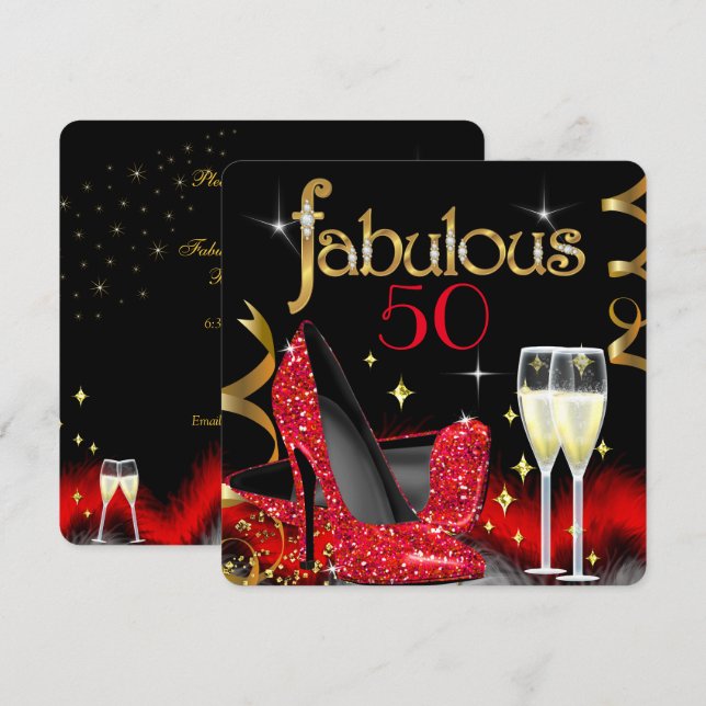 Invitation Fabuleux 50 Party Rouge Haut talons Or Noir (Devant / Derrière)