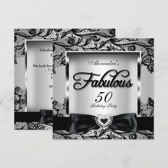 Invitation Fabuleux 50 Party Silver Grey Damask Black Lace 2 (Devant / Derrière)