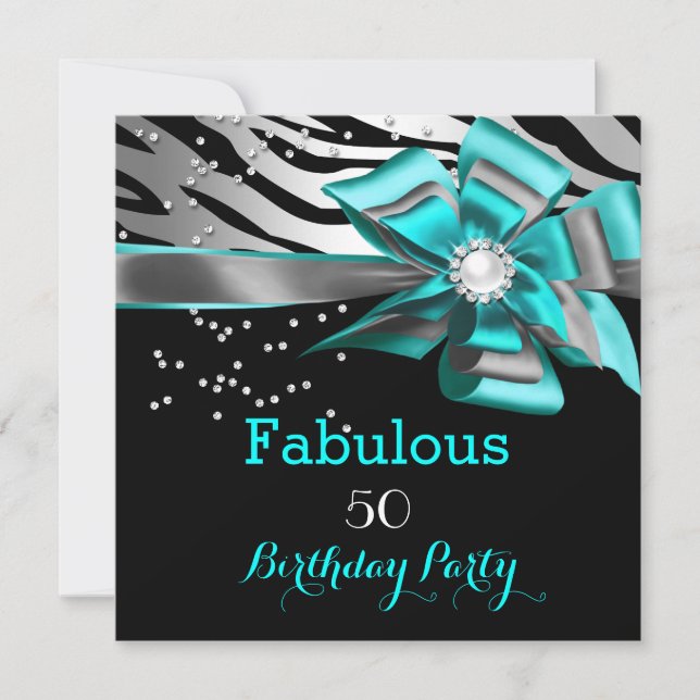 Invitation Fabuleux 50 Party Turquoise Zebra Black Silver Pea (Devant)
