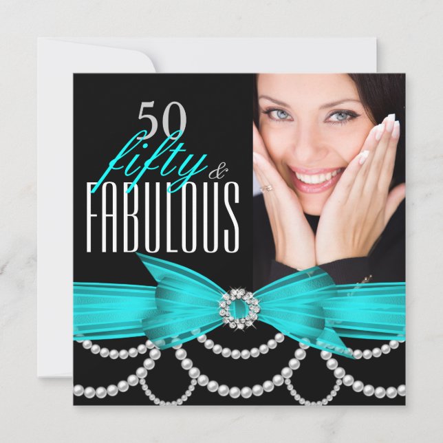 Invitation Fabuleux 50 perles bleues Turquoises Photo Anniver (Devant)