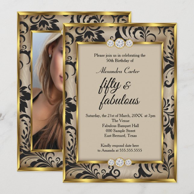 Invitation Fabuleux 50 Photo Beige Black Damask Or anniversai (Devant / Derrière)