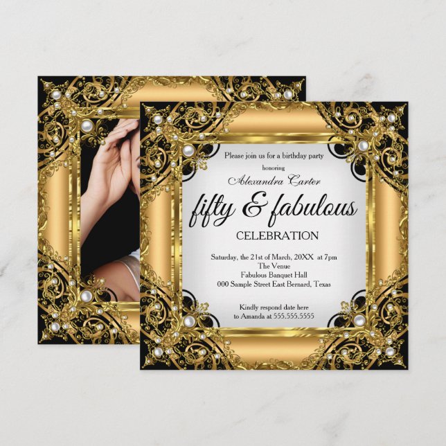 Invitation Fabuleux 50 Photo Black White Gold fête d'annivers (Devant / Derrière)
