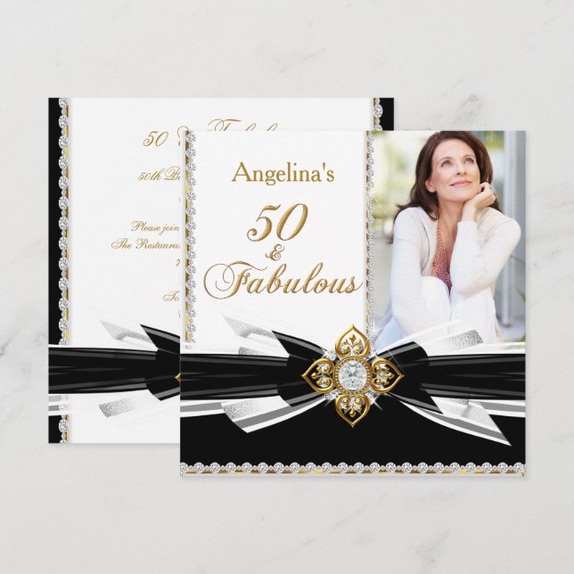 Invitation Fabuleux 50 Photo Black White Gold fête d'annivers (Devant / Derrière)