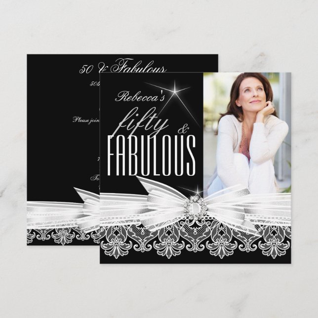 Invitation Fabuleux 50 Photo Black White Lace 50e anniversair (Devant / Derrière)