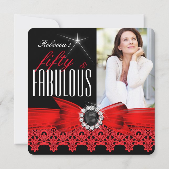 Invitation Fabuleux 50 Photo Black White Red Lace Anniversair (Devant)