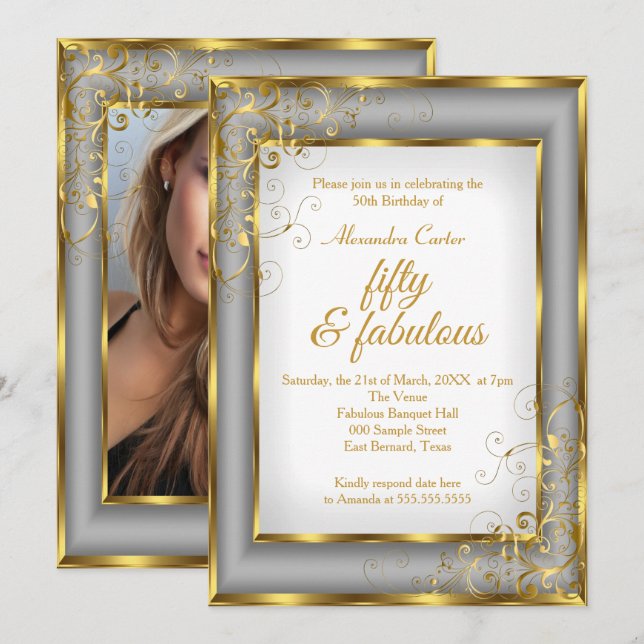 Invitation Fabuleux 50 Photo Gold gris argent fête d'annivers (Devant / Derrière)