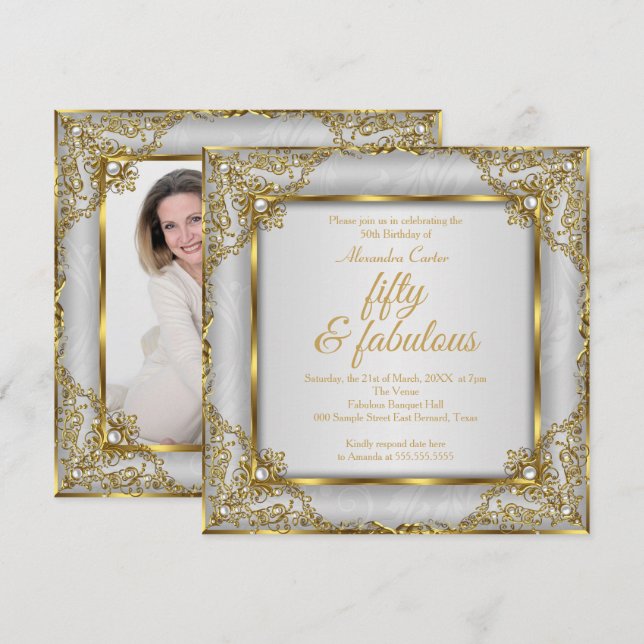 Invitation Fabuleux 50 Photo Gold gris Pearl fête d'anniversa (Devant / Derrière)