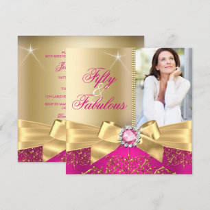 Invitation Fabuleux 50 Photo Gold Pink Bow 50e anniversaire