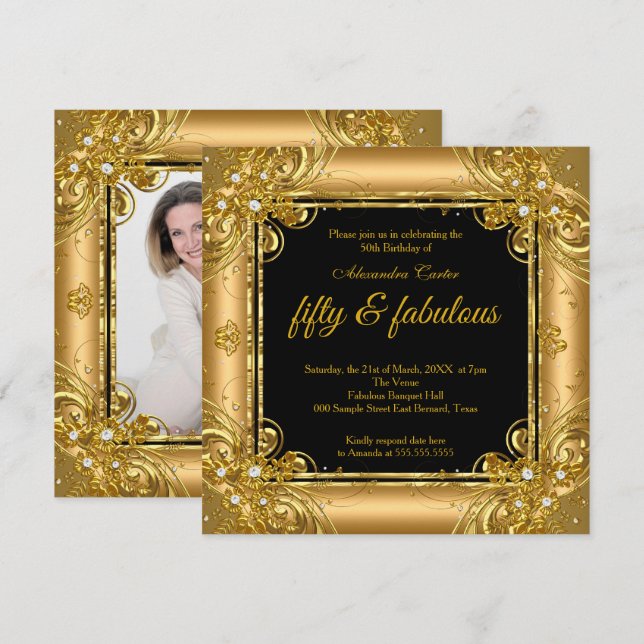 Invitation Fabuleux 50 Photo Or noir diamant anniversaire (Devant / Derrière)