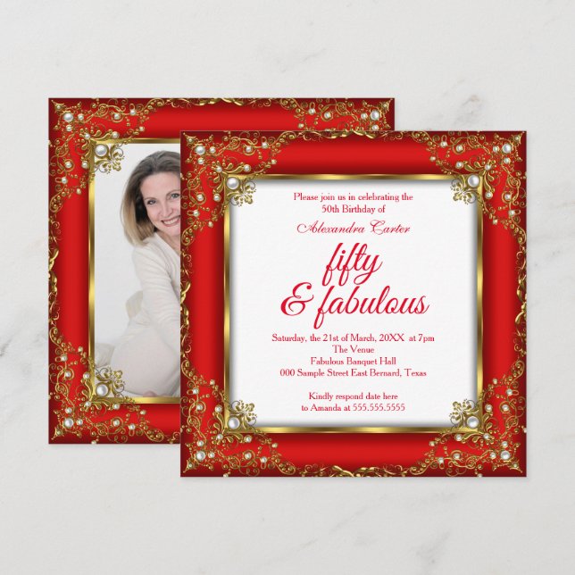 Invitation Fabuleux 50 Photo Red Gold Pearl fête d'anniversai (Devant / Derrière)