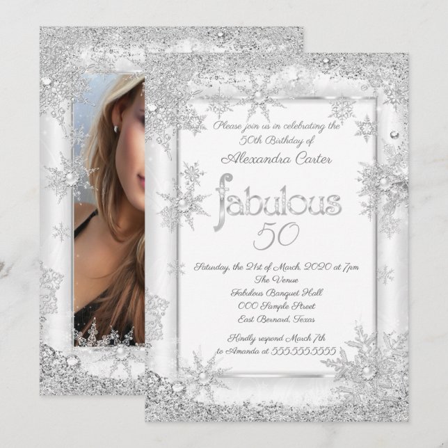 Invitation Fabuleux 50 Photo White Silver Snowflake fête (Devant / Derrière)