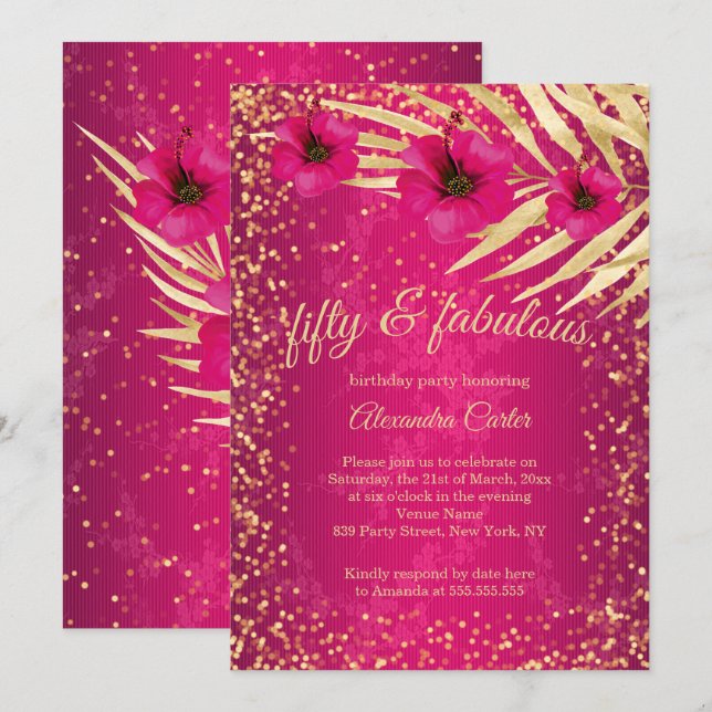 Invitation Fabuleux 50 Pink Gold Sparkle Floral Anniversaire (Devant / Derrière)