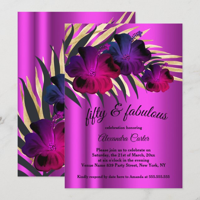 Invitation Fabuleux 50 PInk Plum Purple Gold Hibiscus fête (Devant / Derrière)