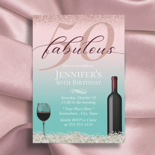 Invitation Fabuleux 50 Pink & Typographie Turquoise Vin & Fle