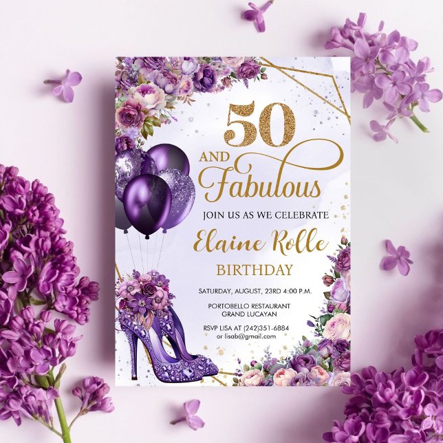Invitation Fabuleux 50 Purple Girl Moderne 50e anniversaire (Créateur téléchargé)