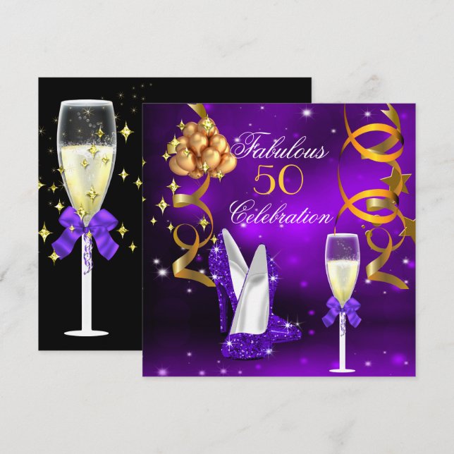 Invitation Fabuleux 50 Purple Gold Heels Champagne Party (Devant / Derrière)