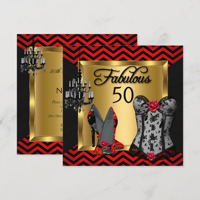 Invitation Fabuleux 50 Red Black Stripe talons Flirty Party (Devant / Derrière)