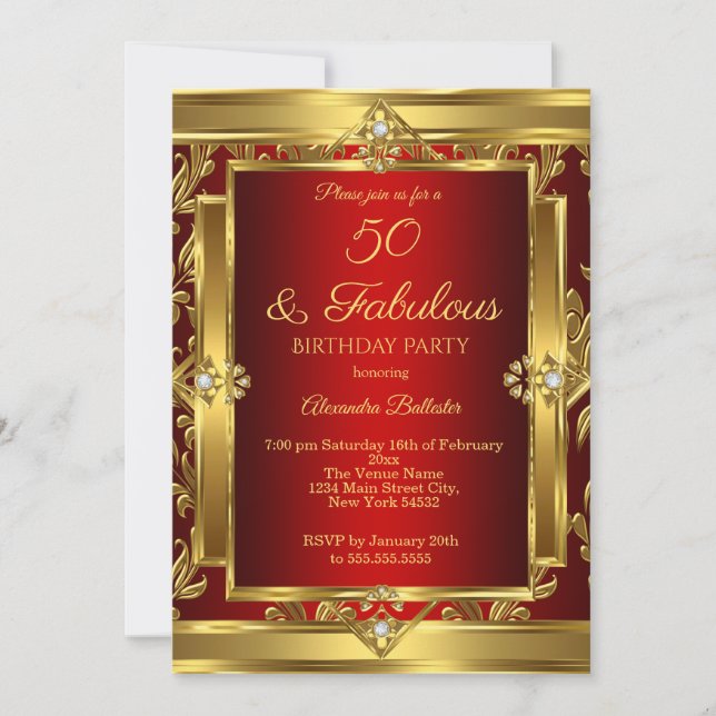 Invitation Fabuleux 50 Red Gold Damask fête d'anniversaire (Devant)