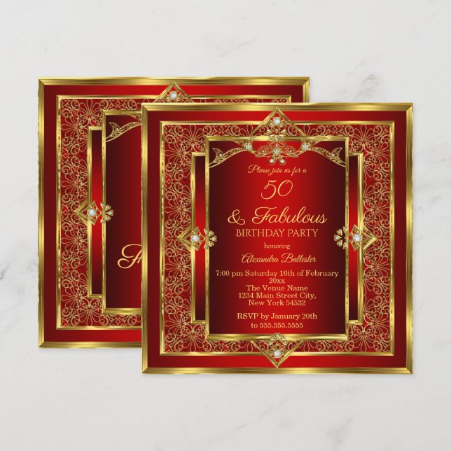 Invitation Fabuleux 50 Red Gold Floral fête d'anniversaire (Devant / Derrière)