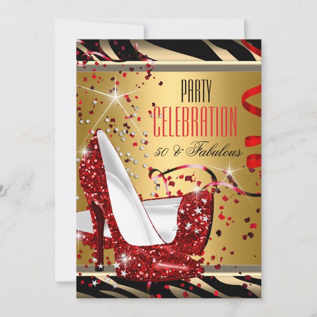 Invitation Fabuleux 50 Red Heels Zebra Gold Birthday Party (Devant)