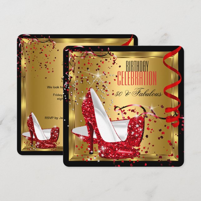 Invitation Fabuleux 50 Red High Heels Gold Birthday Party (Devant / Derrière)