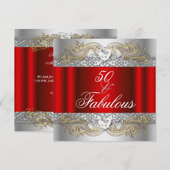 Invitation Fabuleux 50 Red Silver Gold 50th Birthday Party (Devant / Derrière)