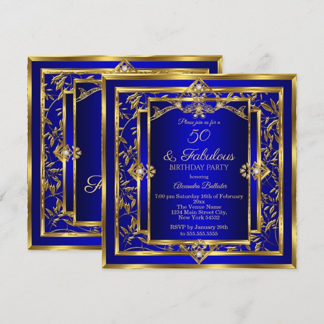 Invitation Fabuleux 50 Royal Blue Gold Damask fête d'annivers (Devant / Derrière)