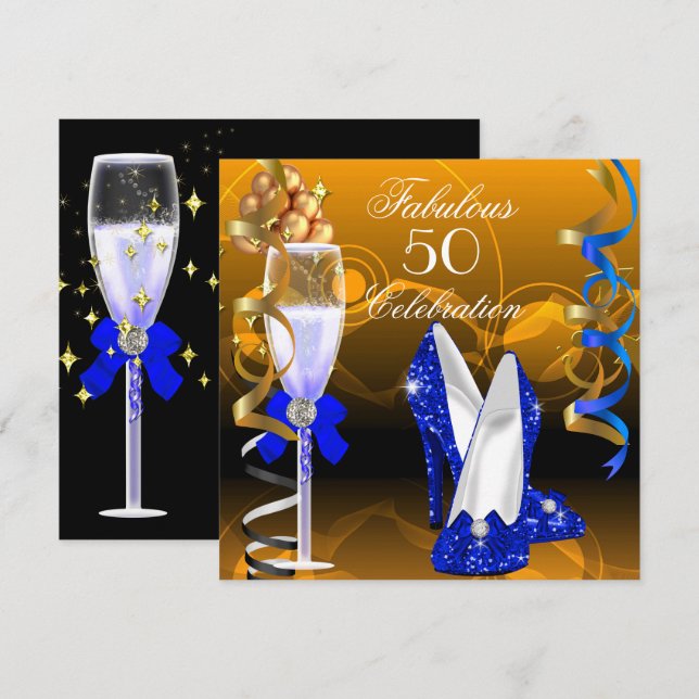 Invitation Fabuleux 50 Royal Blue Gold Orange fête d'annivers (Devant / Derrière)